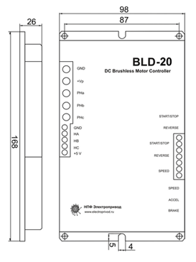 Блок управления вентильным двиателем BLD-20 - размеры блока